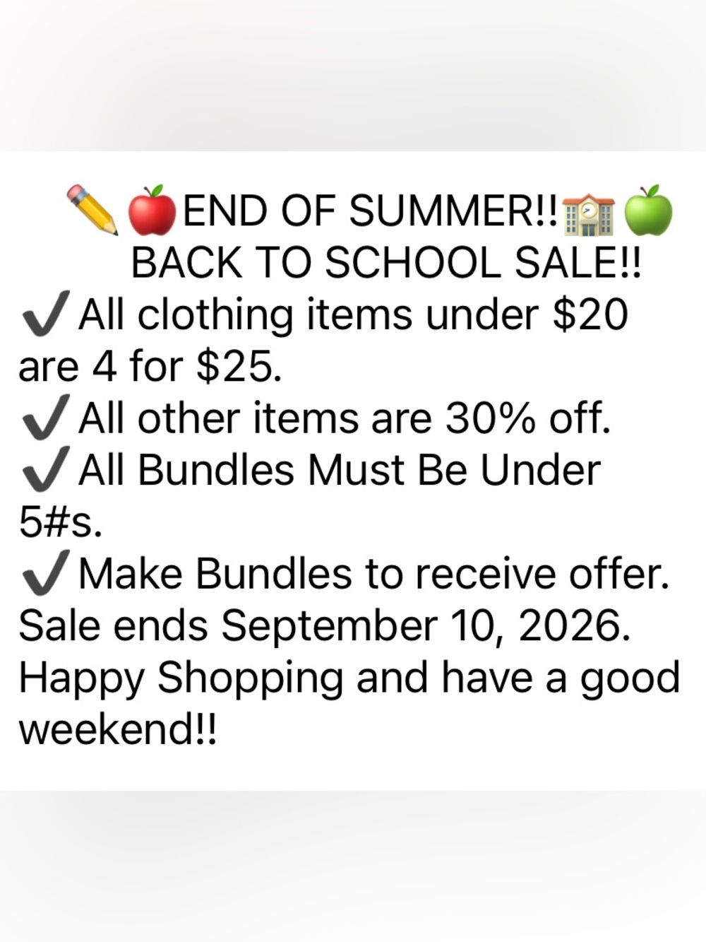 END OF SUMMER!! BACK TO SCHOOL SALE!!